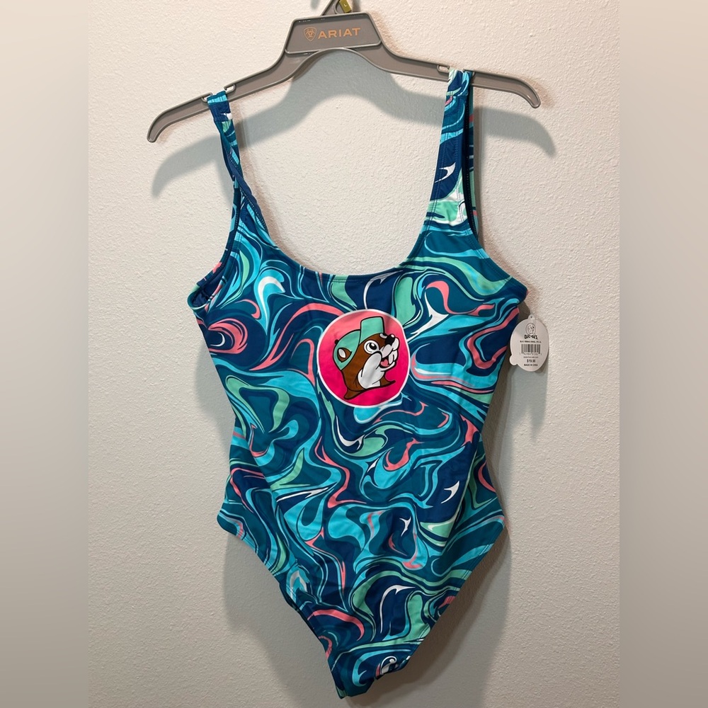Buc-ees Beaver One Piece‎ Swimsuit Womens XL Blue Swirl Bucees Bathing Sui…